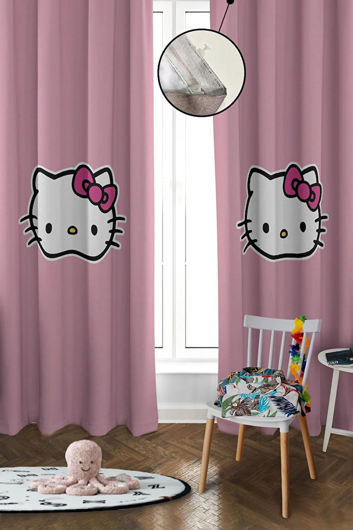 Dijital Baskı Yıkanabilir Hello Kitty Desenli 2 Kanat Bebek ve Çocuk Odası Fon Perdesi