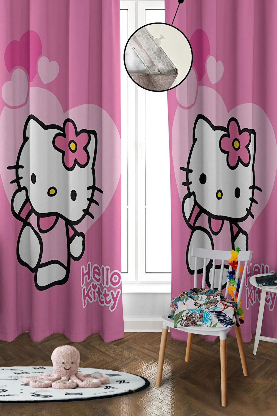 Dijital Baskı Yıkanabilir Hello Kitty Desenli 2 Kanat Bebek ve Çocuk Odası Fon Perdesi