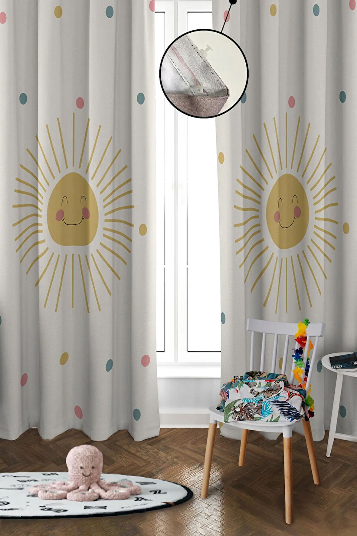 Dijital Baskı Yıkanabilir Güneş Desenli 2 Kanat Bebek ve Çocuk Odası Fon Perdesi