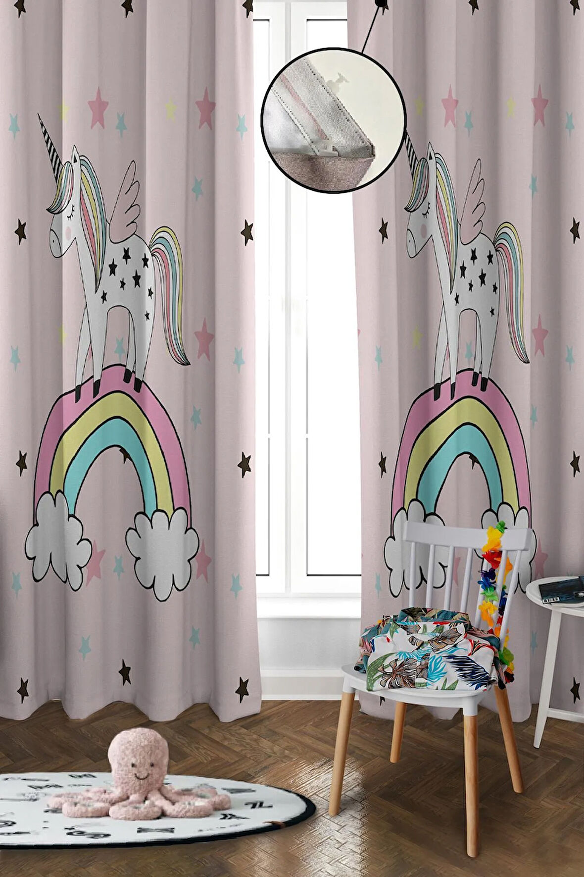 Dijital Baskı Yıkanabilir Unicorn Desenli 2 Kanat Bebek ve Çocuk Odası Fon Perdesi