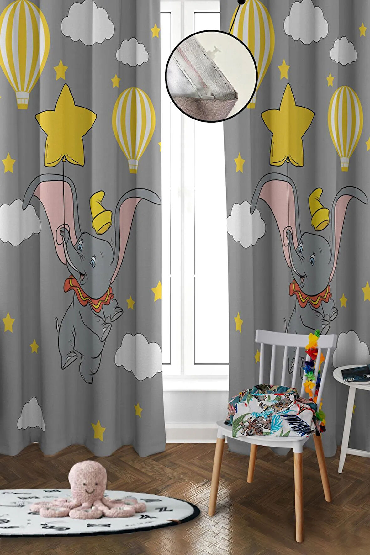 Dijital Baskı Yıkanabilir Fil Desenli 2 Kanat Bebek ve Çocuk Odası Fon Perdesi