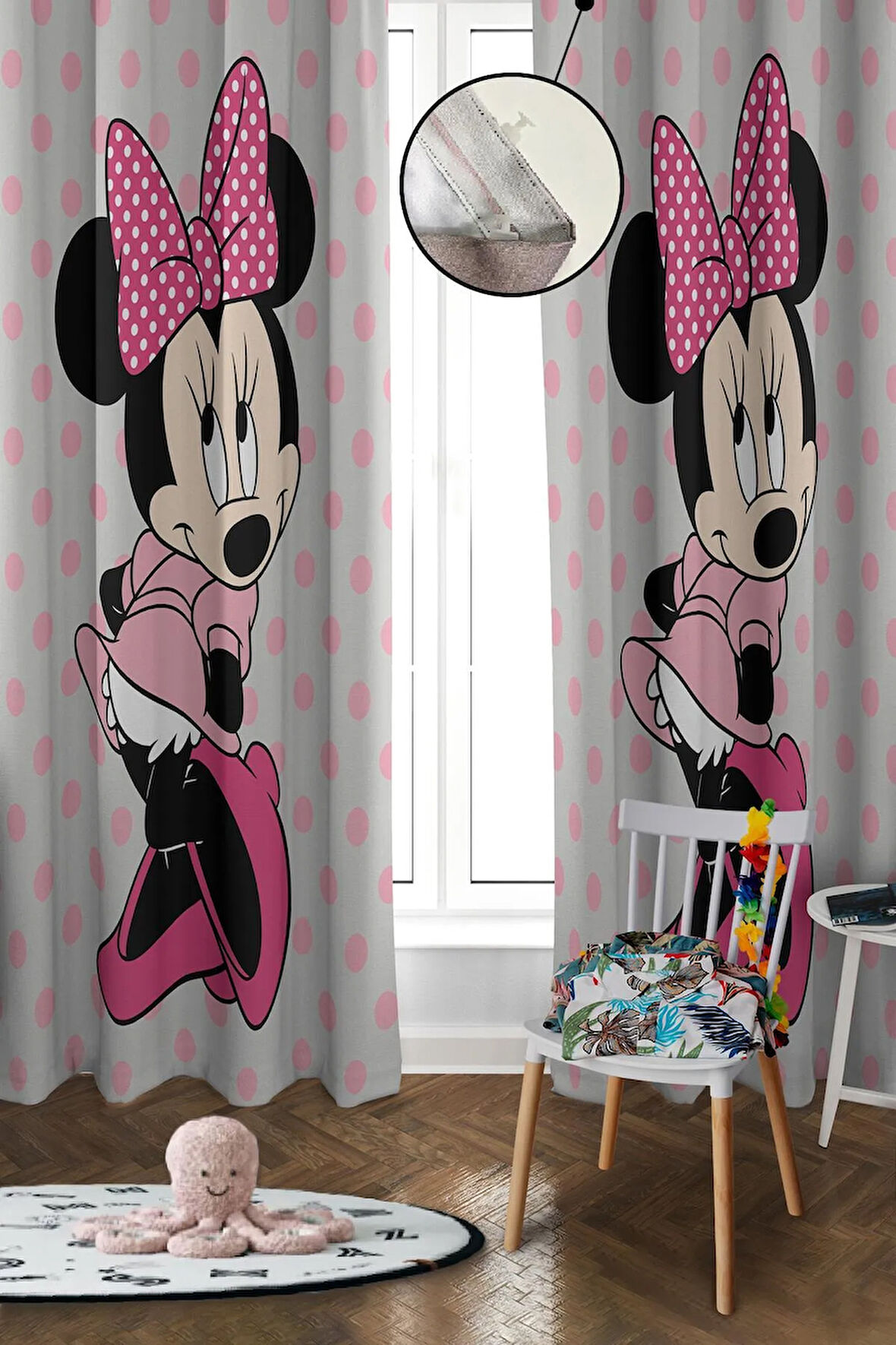 Dijital Baskı Yıkanabilir Mickey Desenli 2 Kanat Bebek ve Çocuk Odası Fon Perdesi