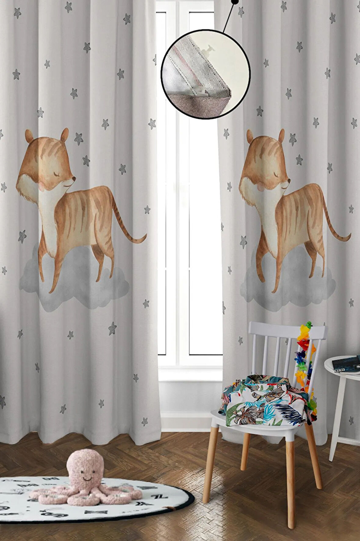 Dijital Baskı Yıkanabilir Tilki Desenli 2 Kanat Bebek ve Çocuk Odası Fon Perdesi