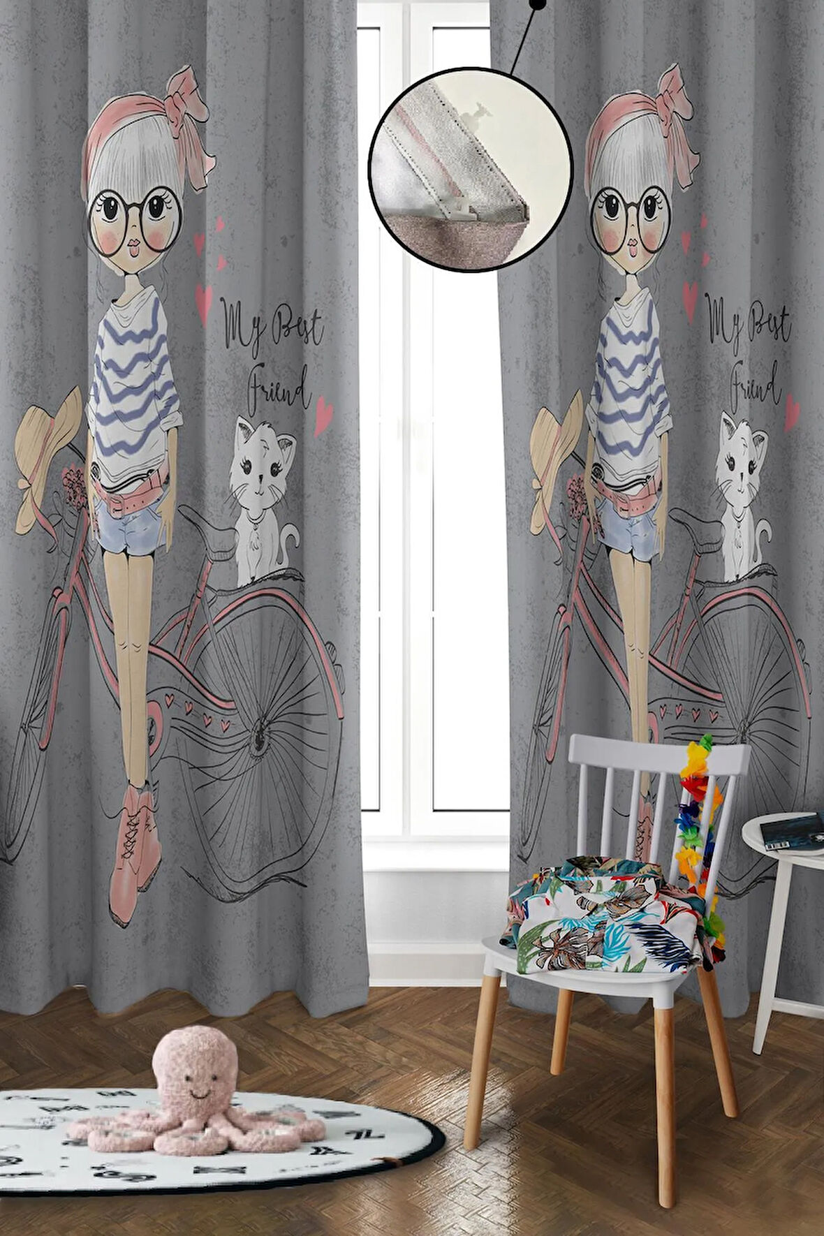 Dijital Baskı Yıkanabilir Kedi ve Kız Desenli 2 Kanat Bebek ve Çocuk Odası Fon Perdesi