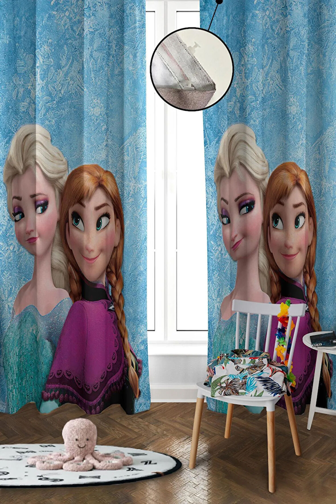 Dijital Baskı Yıkanabilir Elsa Desenli 2 Kanat Bebek ve Çocuk Odası Fon Perdesi