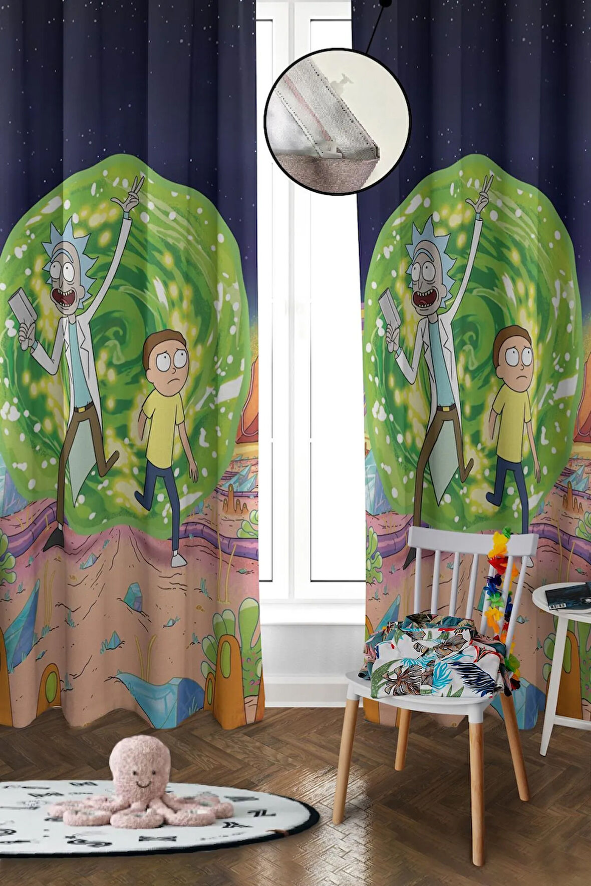 Dijital Baskı Yıkanabilir Rick and Morty Desenli 2 Kanat Bebek ve Çocuk Odası Fon Perdesi