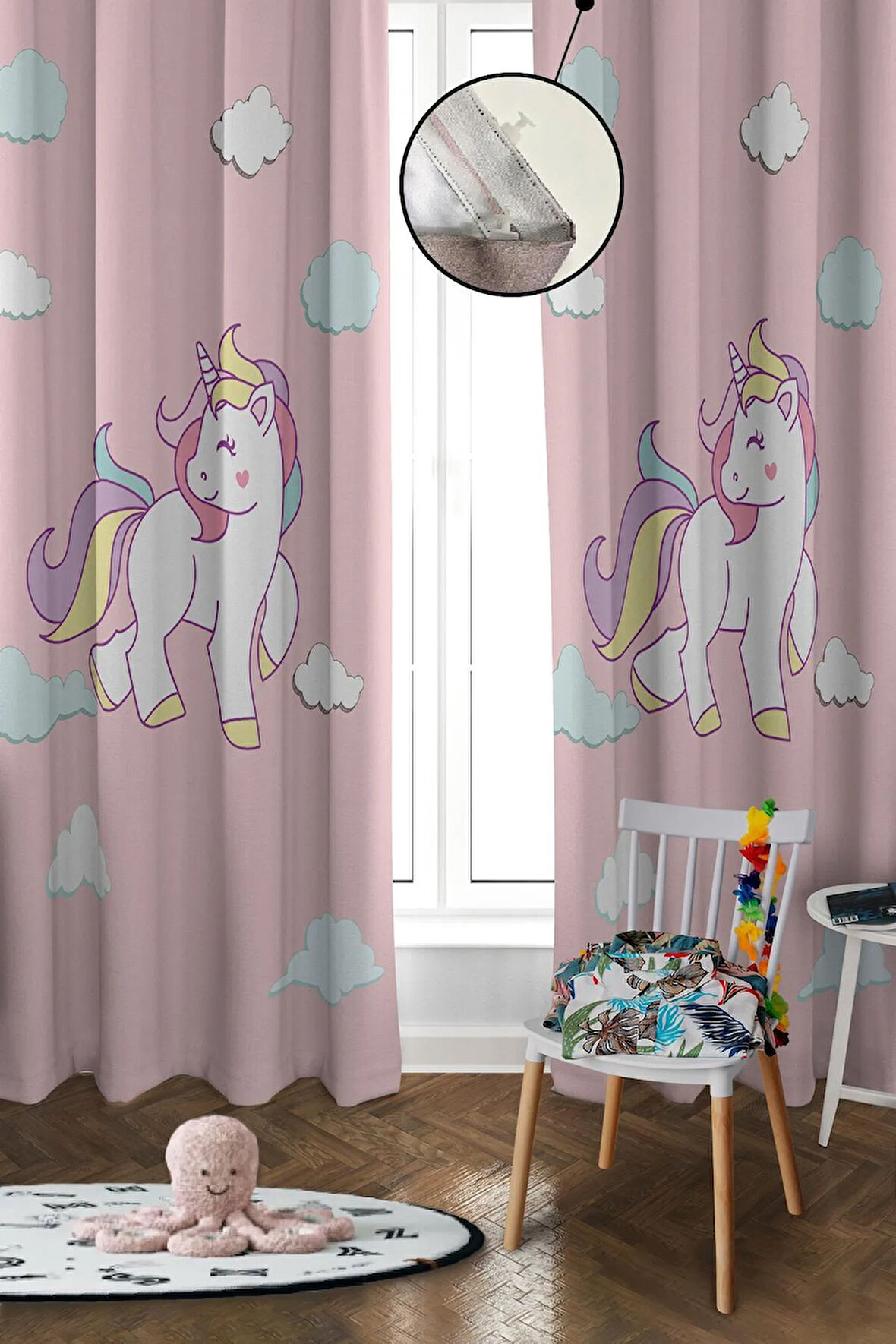 Dijital Baskı Yıkanabilir Unicorn Desenli 2 Kanat Bebek ve Çocuk Odası Fon Perdesi