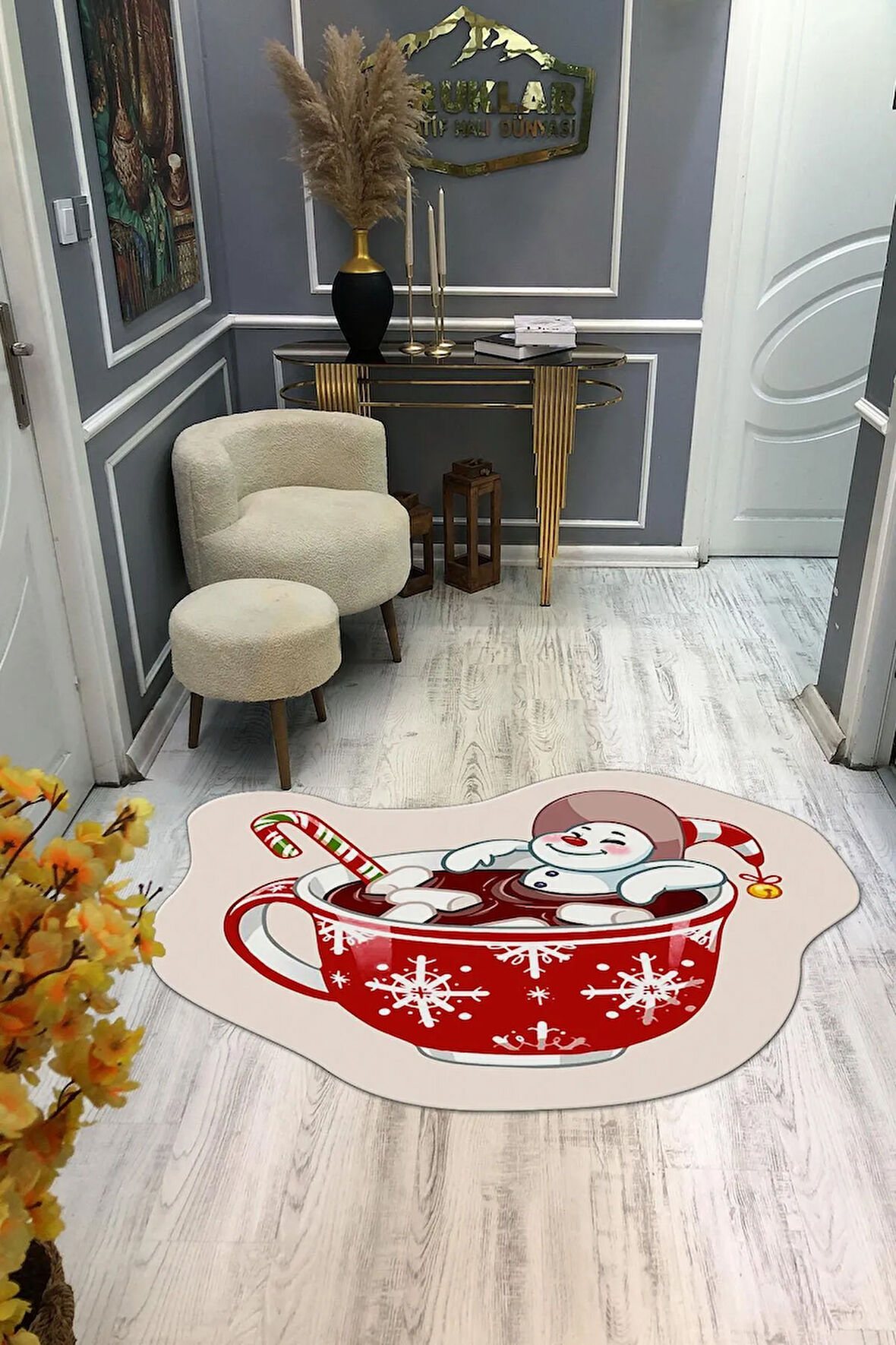 Kaymaz Taban Yıkanabilir Dijital Baskı Yılbaşı Desenli Dot Taban Halı
