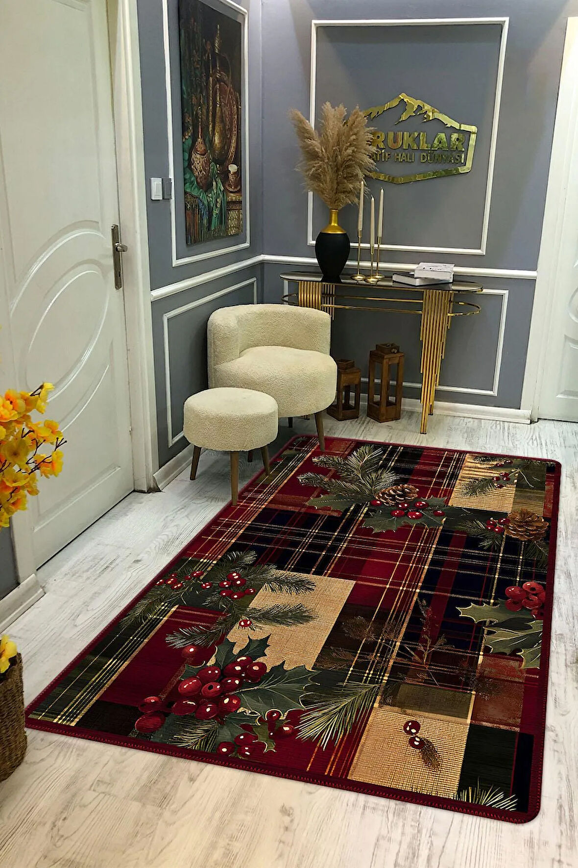 Kaymaz Taban Yıkanabilir Dijital Baskı Yılbaşı Desenli Dot Taban Halı