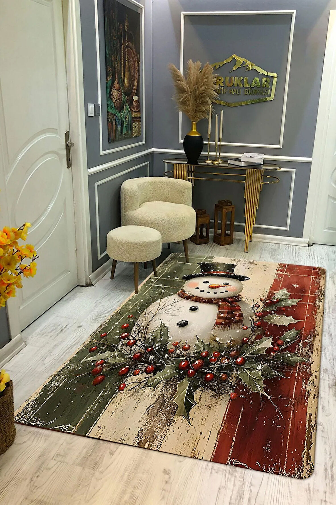 Kaymaz Taban Yıkanabilir Dijital Baskı Yılbaşı Desenli Dot Taban Halı