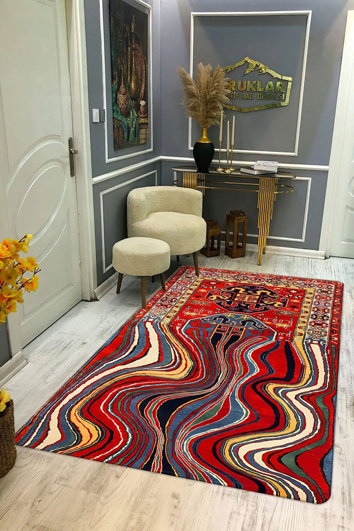 Kaymaz Taban Yıkanabilir Dijital Baskı Dekoratif Modern Desenli Lux Serisi Dot Taban Halı L01