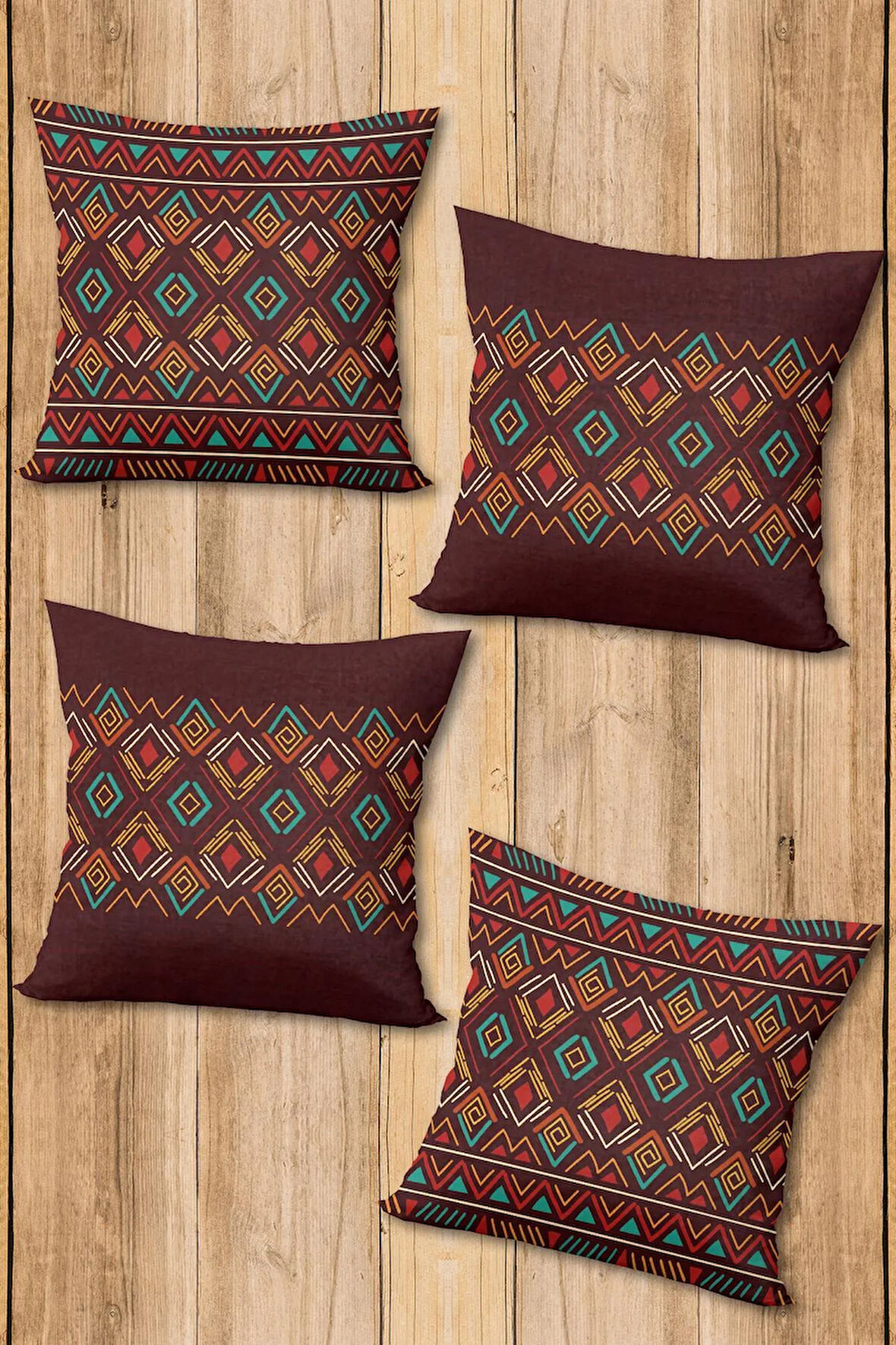 Çift Taraf Baskılı Parlak Kadife Kumaş  Modern Desen 4 adet Kırlent Kılıf Seti