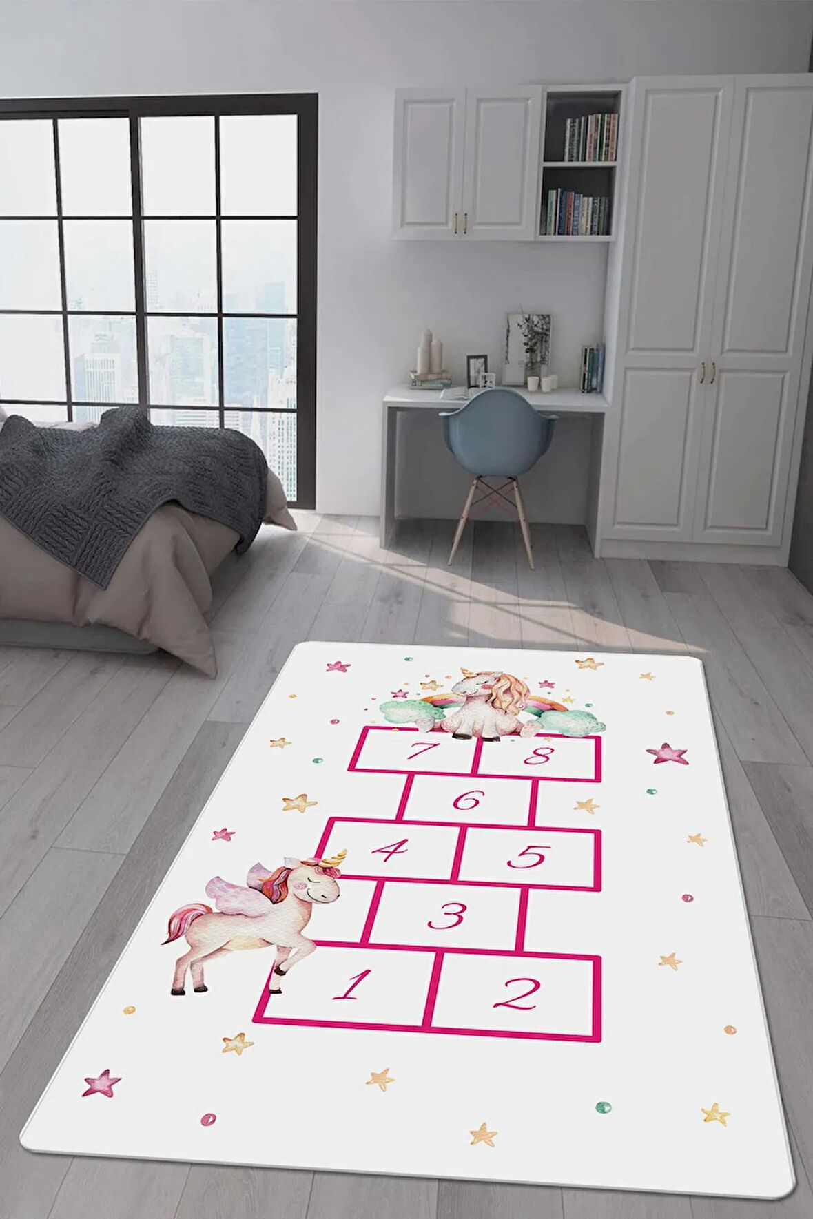Kaymaz Taban Makinede Yıkanabilir Dijital Baskı Unicorn Seksek Desenli Çocuk Odası Halısı Dot Taban Halı