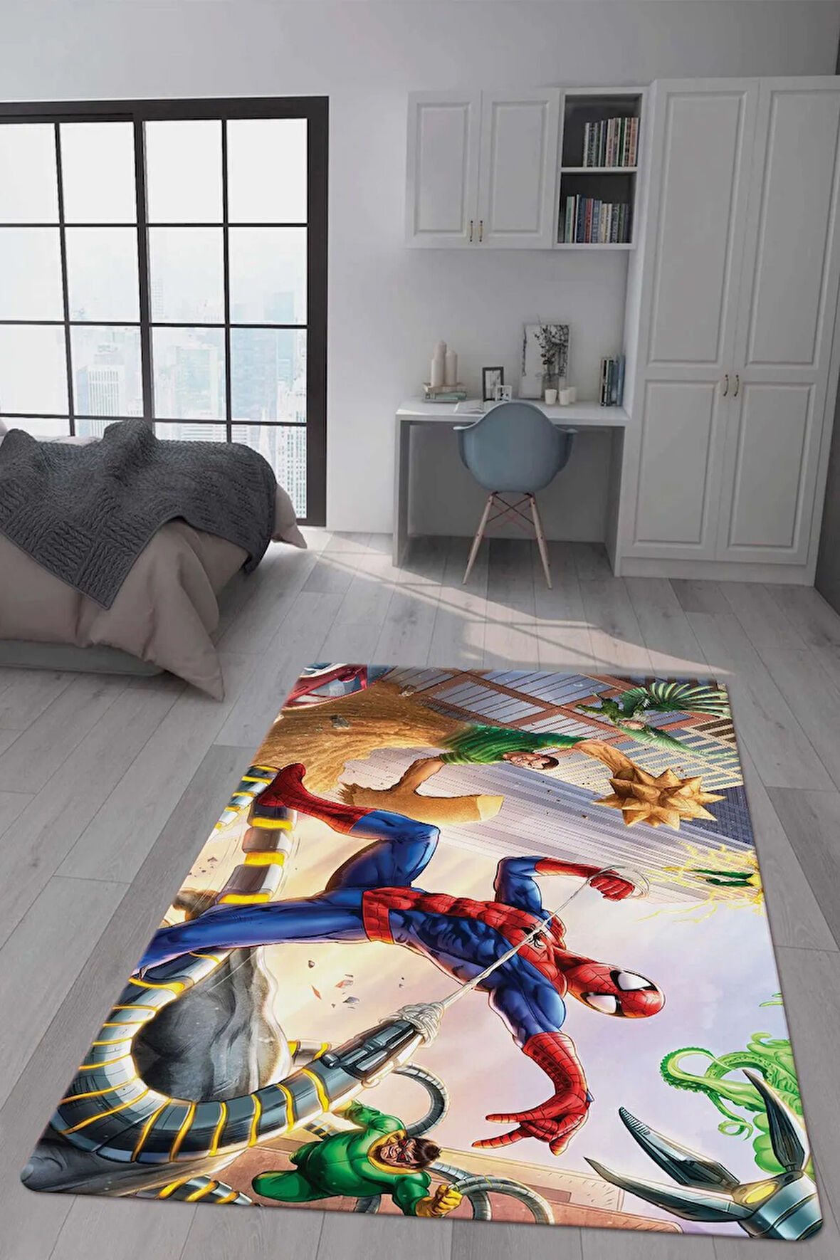 Kaymaz Taban Makinada Yıkanabilir Dijital Baskı Spiderman Desenli Çocuk Odası Halısı Dot Taban Halı