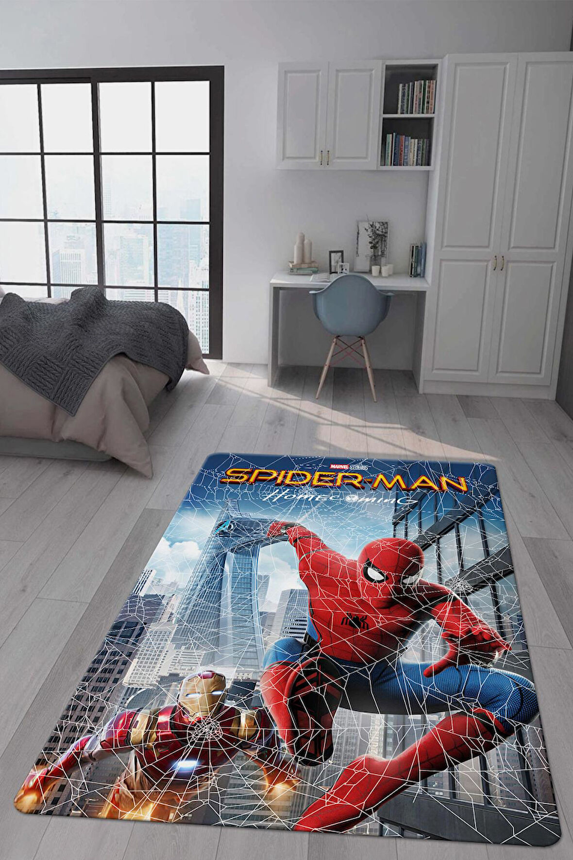 Kaymaz Taban Makinada Yıkanabilir Dijital Baskı Spiderman Desenli Çocuk Odası Halısı Dot Taban Halı