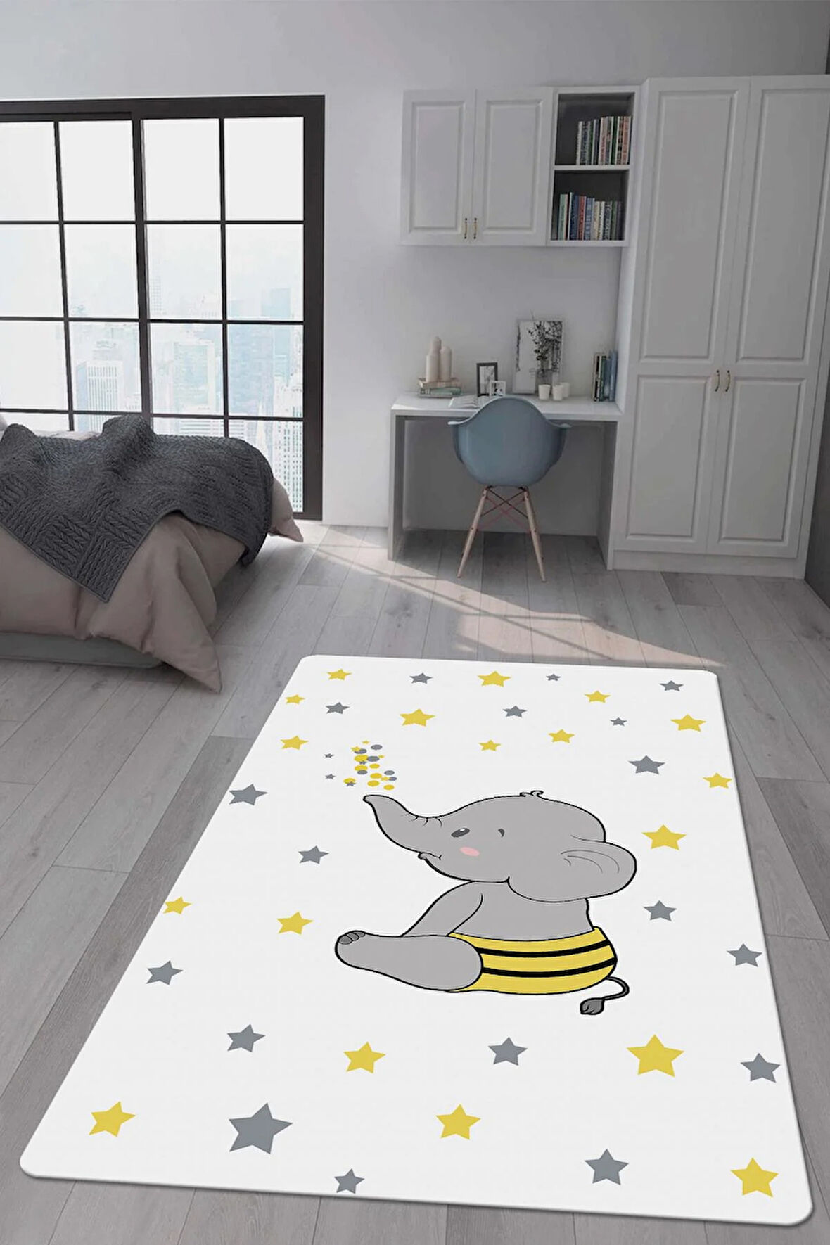 Kaymaz Taban Makinede Yıkanabilir Dijital Baskı Fil Yıldız Desenli Çocuk Odası Halısı Dot Taban Halı
