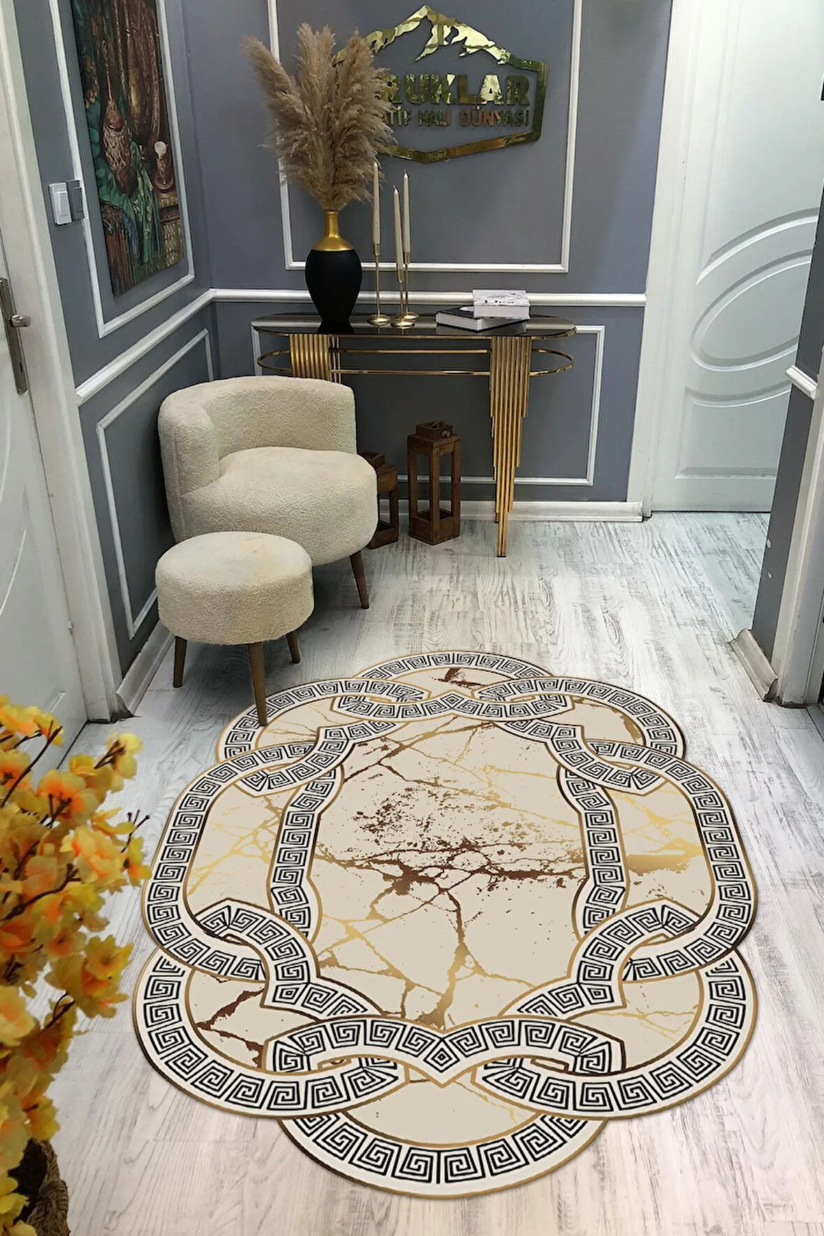 Kaymaz Taban Yıkanabilir Dijital Baskı Dekoratif Modern Desenli Elegance Serisi Lazer Kesim Dot Taban Halı ELG07