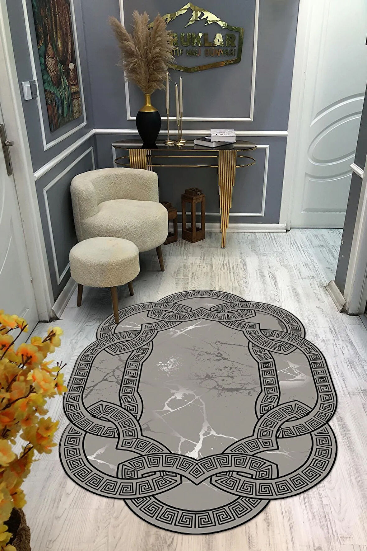 Kaymaz Taban Yıkanabilir Dijital Baskı Dekoratif Modern Desenli Elegance Serisi Lazer Kesim Dot Taban Halı ELG09