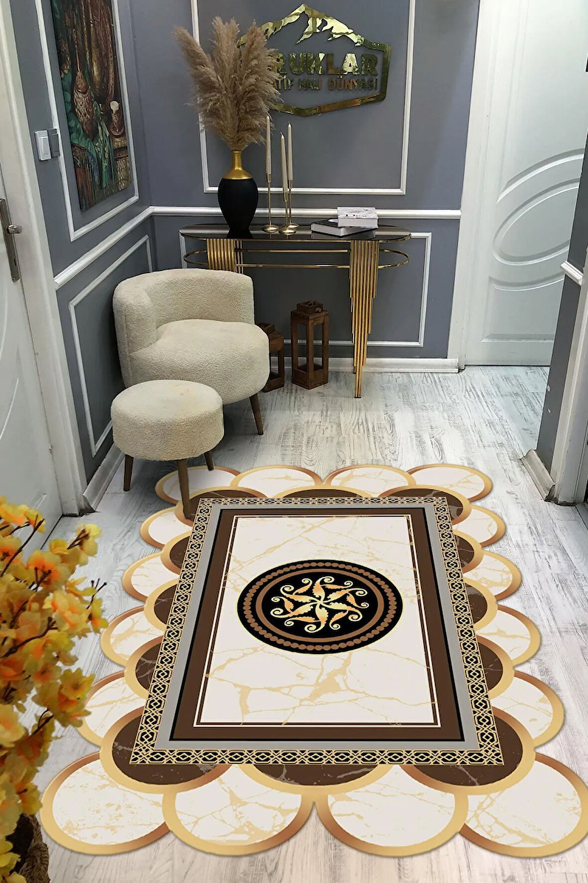 Kaymaz Taban Yıkanabilir Dijital Baskı Dekoratif Modern Desenli Elegance Serisi Lazer Kesim Dot Taban Halı ELG18