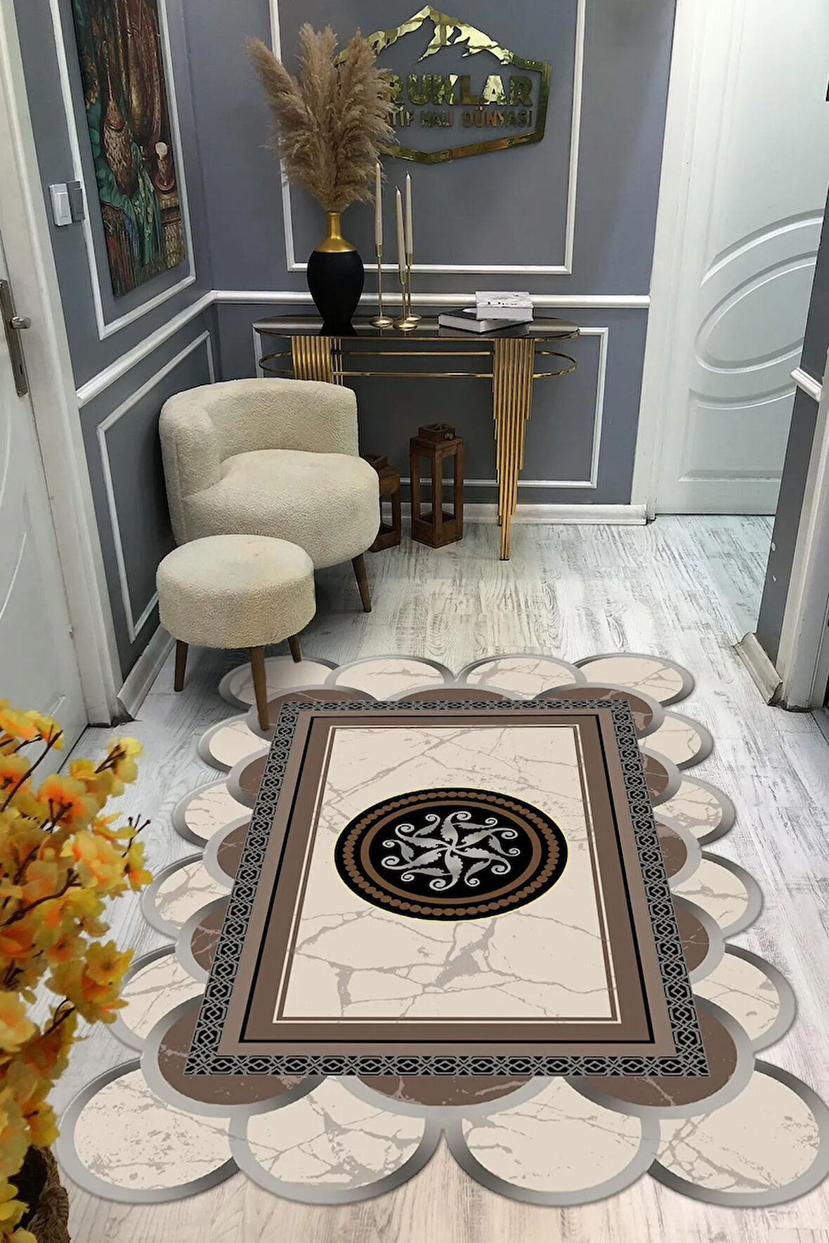Kaymaz Taban Yıkanabilir Dijital Baskı Dekoratif Modern Desenli Elegance Serisi Lazer Kesim Dot Taban Halı ELG19