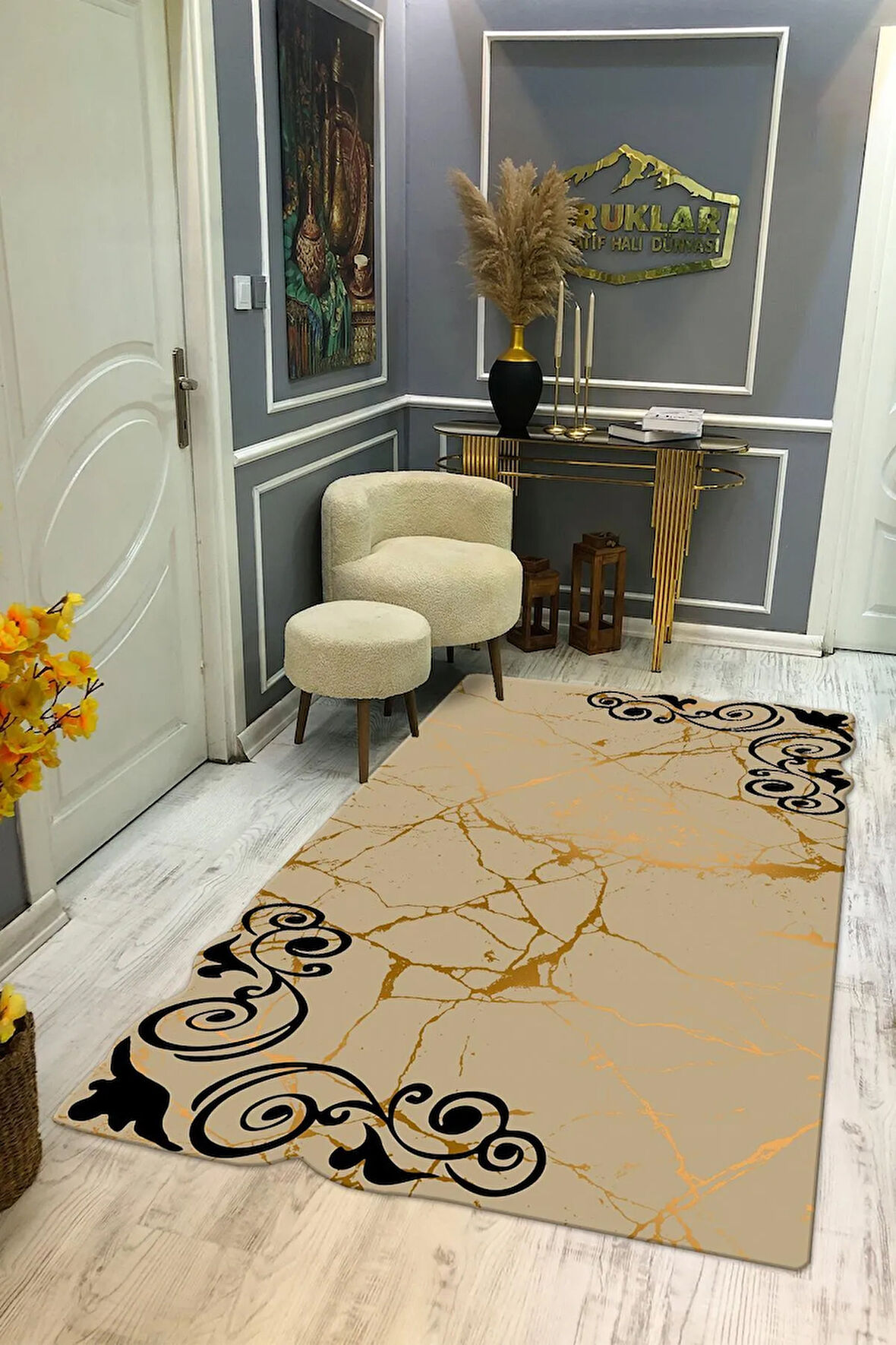 Kaymaz Taban Yıkanabilir Dijital Baskı Dekoratif Modern Desenli Elegance Serisi Lazer Kesim Dot Taban Halı ELG20