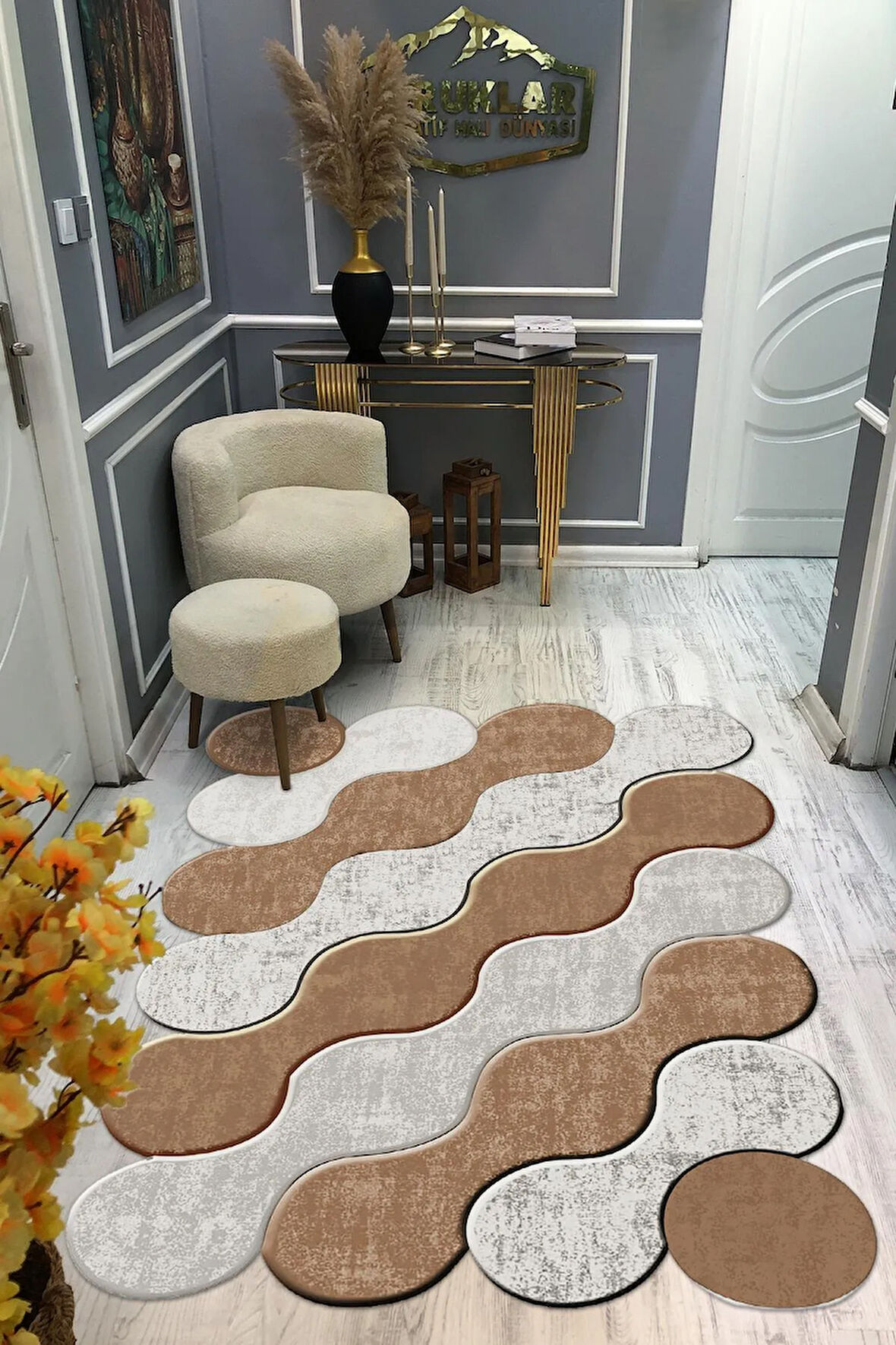 Kaymaz Taban Yıkanabilir Dijital Baskı Dekoratif Modern Desenli Elegance Serisi Lazer Kesim Dot Taban Halı ELG38
