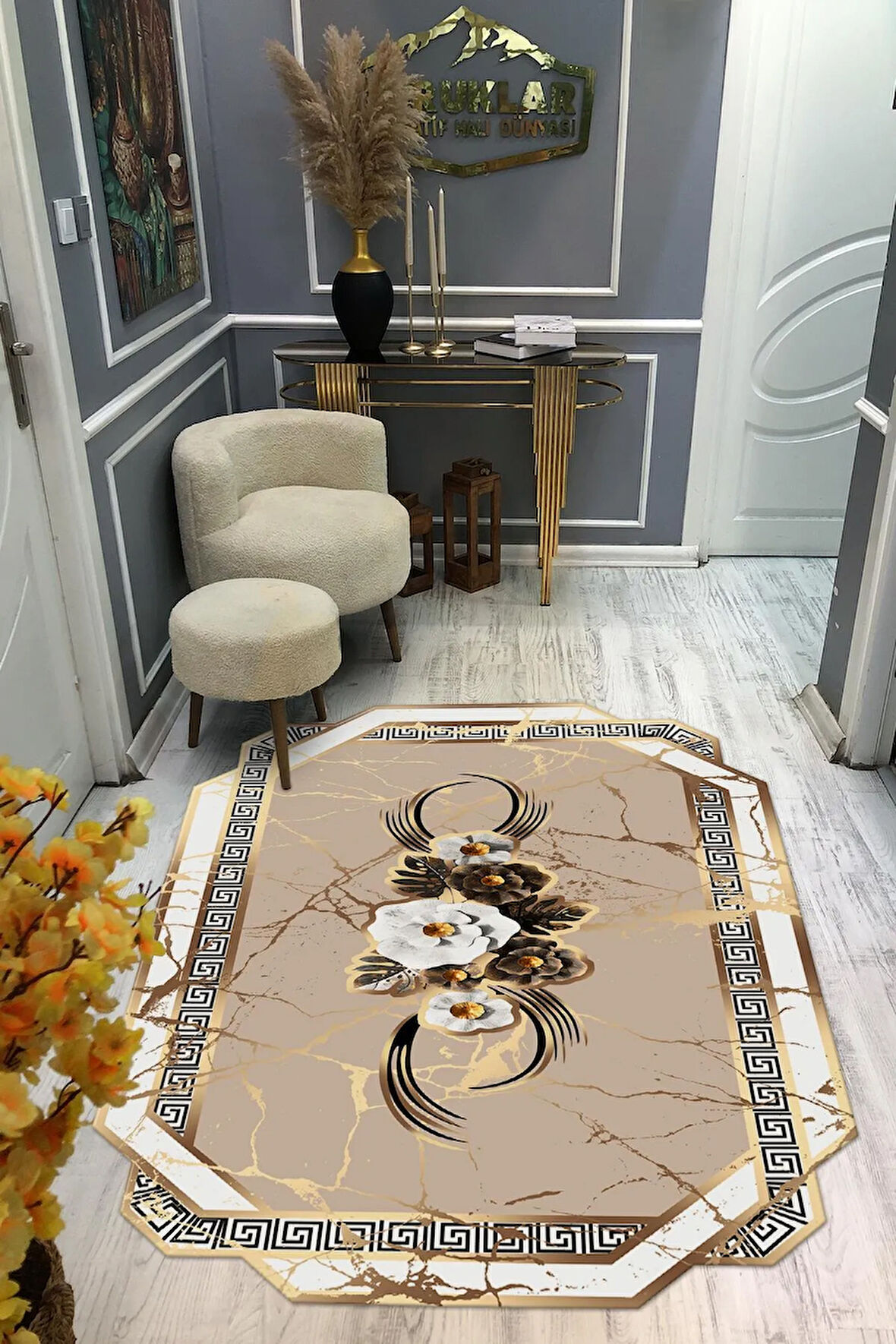 Kaymaz Taban Yıkanabilir Dijital Baskı Dekoratif Modern Desenli Elegance Serisi Lazer Kesim Dot Taban Halı ELG77