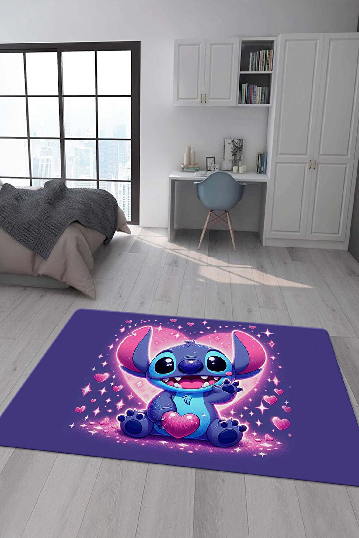 Kaymaz Taban Makinede Yıkanabilir Dijital Baskı Stitch Desenli Çocuk Odası Halısı Dot Taban Halı 0004
