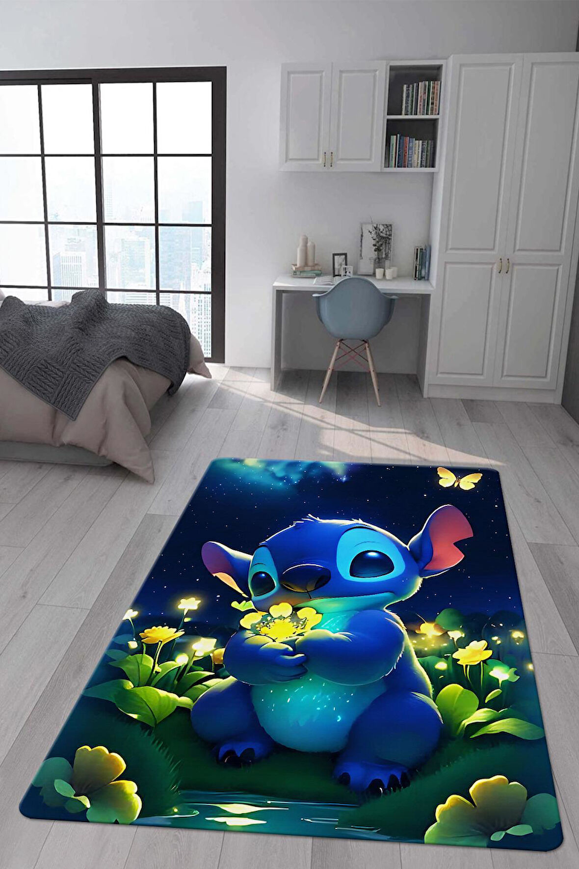 Kaymaz Taban Makinede Yıkanabilir Dijital Baskı Stitch Desenli Çocuk Odası Halısı Dot Taban Halı 0007