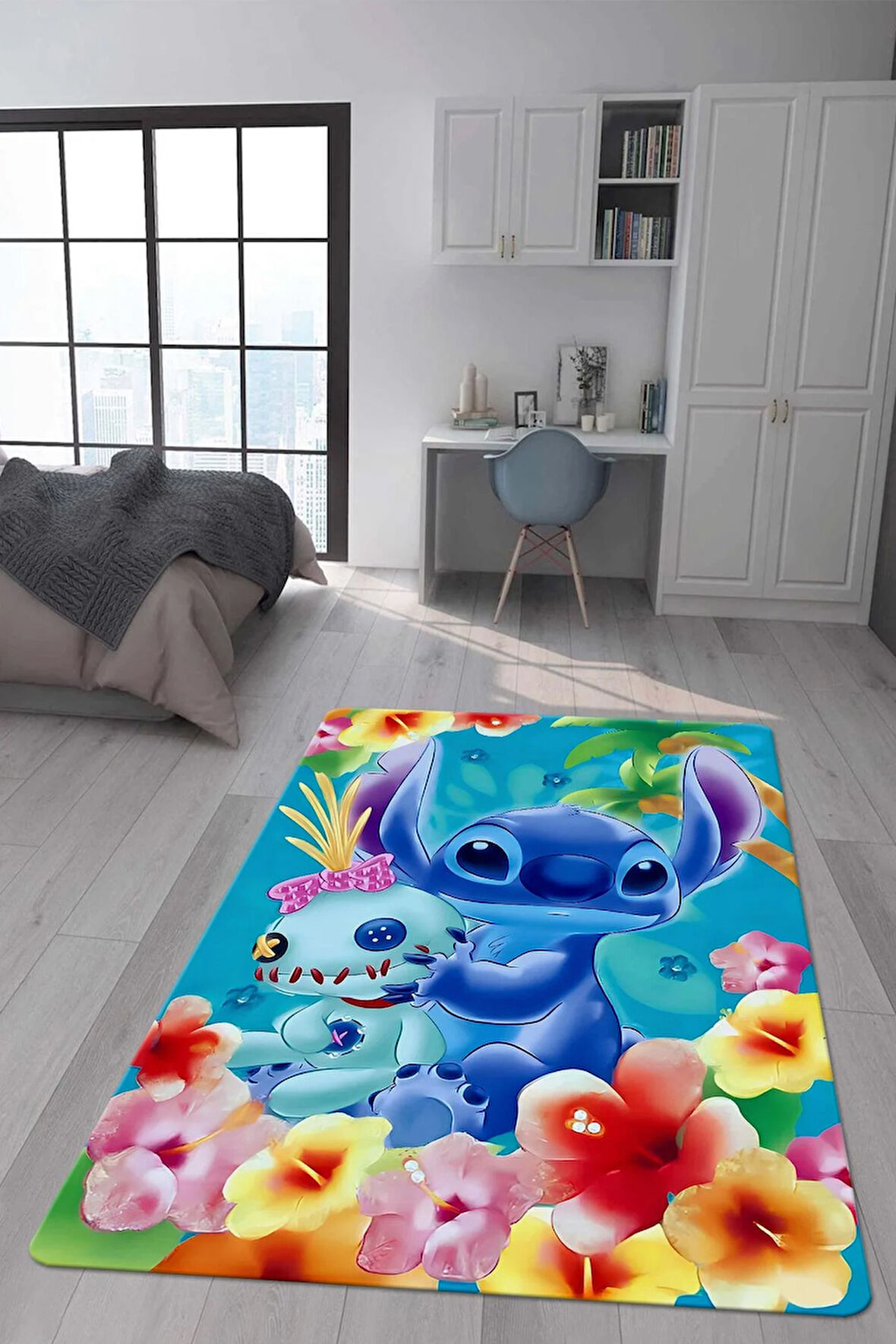 Kaymaz Taban Makinede Yıkanabilir Dijital Baskı Stitch Desenli Çocuk Odası Halısı Dot Taban Halı 0008