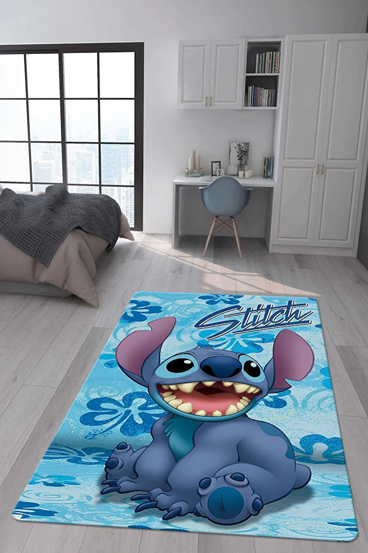 Kaymaz Taban Makinede Yıkanabilir Dijital Baskı Stitch Desenli Çocuk Odası Halısı Dot Taban Halı 0009