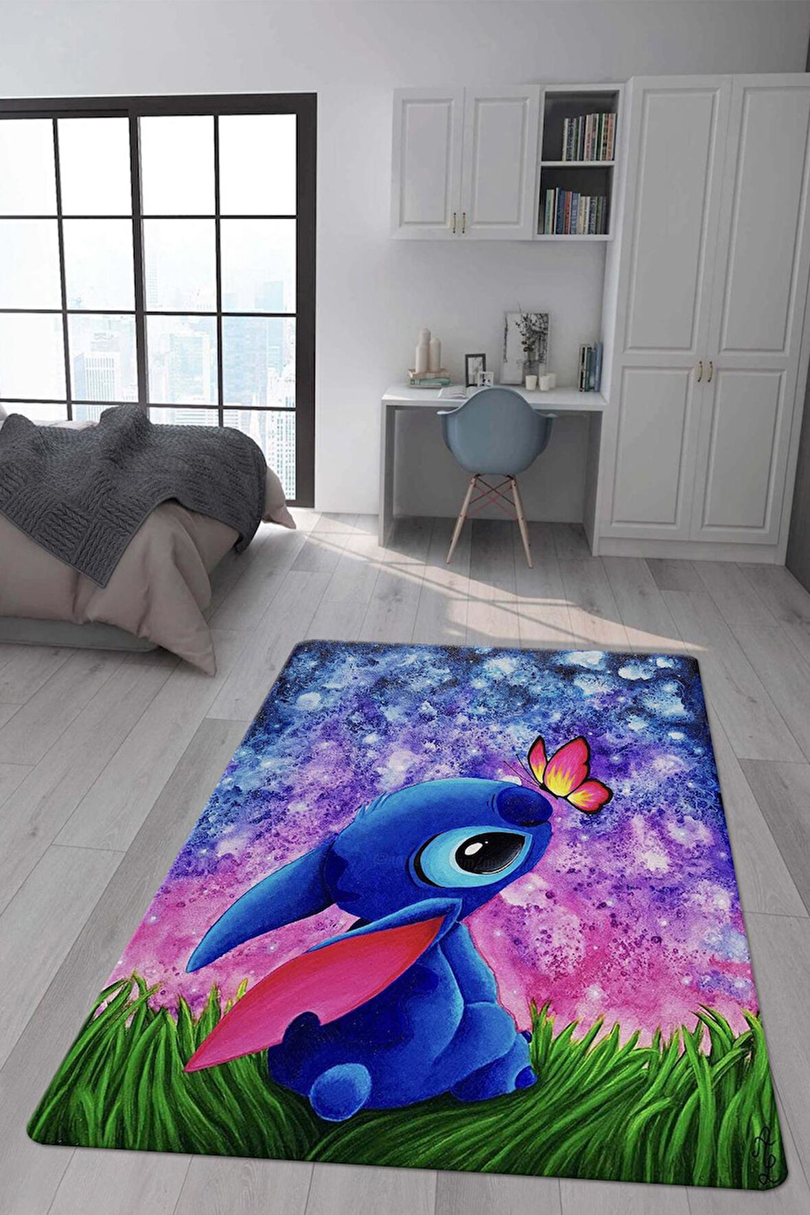 Kaymaz Taban Makinada Yıkanabilir Dijital Baskı Stitch Desenli Çocuk Odası Halısı Dot Taban Halı 0010