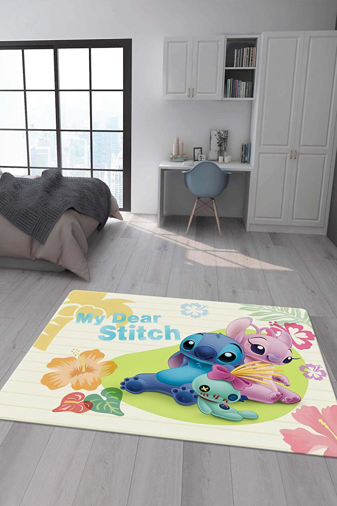 Kaymaz Taban Makinede Yıkanabilir Dijital Baskı Stitch Desenli Çocuk Odası Halısı Dot Taban Halı 0012