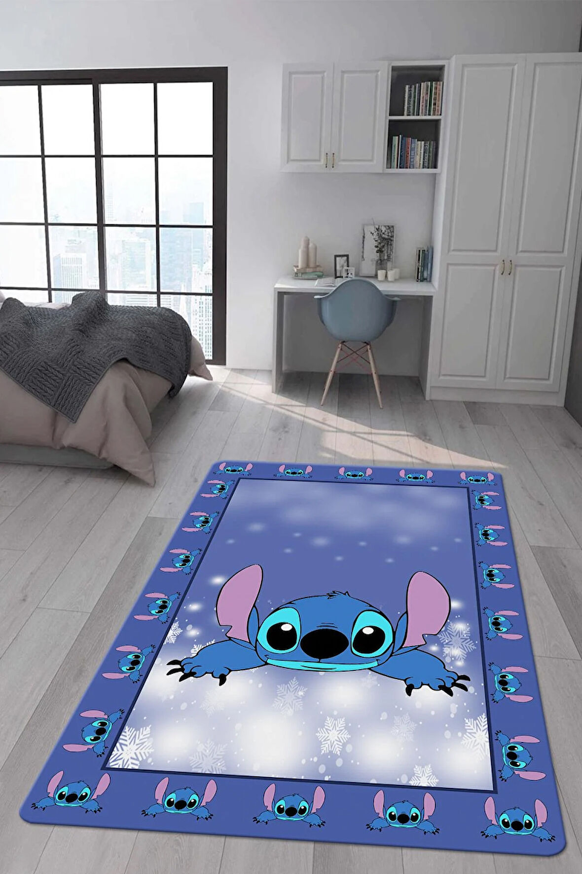 Kaymaz Taban Makinede Yıkanabilir Dijital Baskı Stitch Desenli Çocuk Odası Halısı Dot Taban Halı 0013