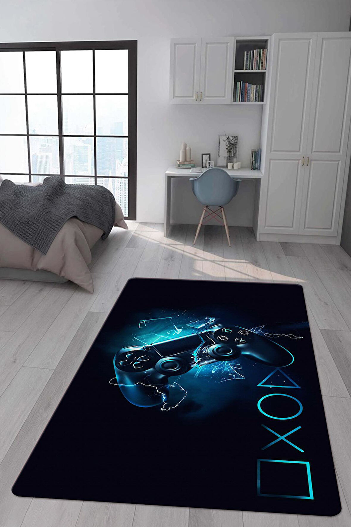 Kaymaz Taban Makinede Yıkanabilir Dijital Baskı Gamer Desenli Çocuk Odası Halısı Dot Taban Halı