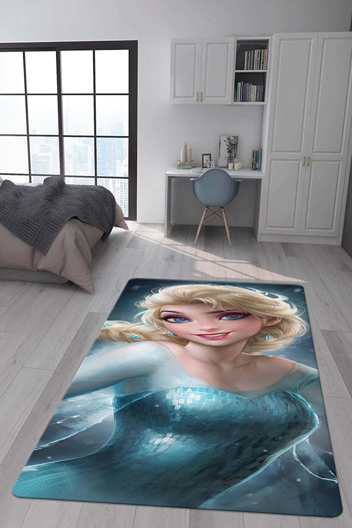 Kaymaz Taban Makinede Yıkanabilir Dijital Baskı Elsa Frozen Desenli Çocuk Odası Halısı Dot Taban Halı
