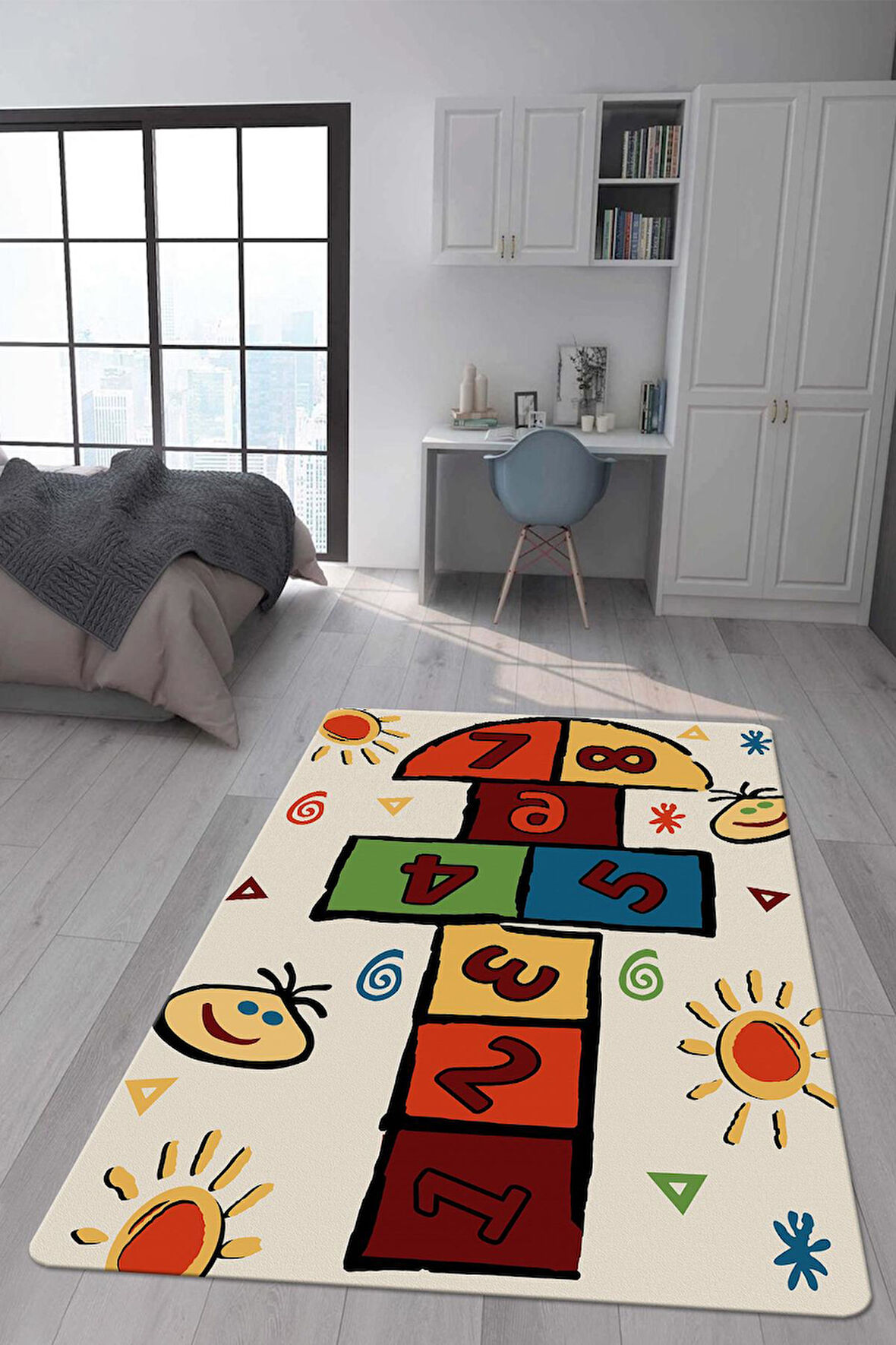 Kaymaz Taban Makinede Yıkanabilir Dijital Baskı Seksek Desenli Çocuk Odası Halısı Dot Taban Halı