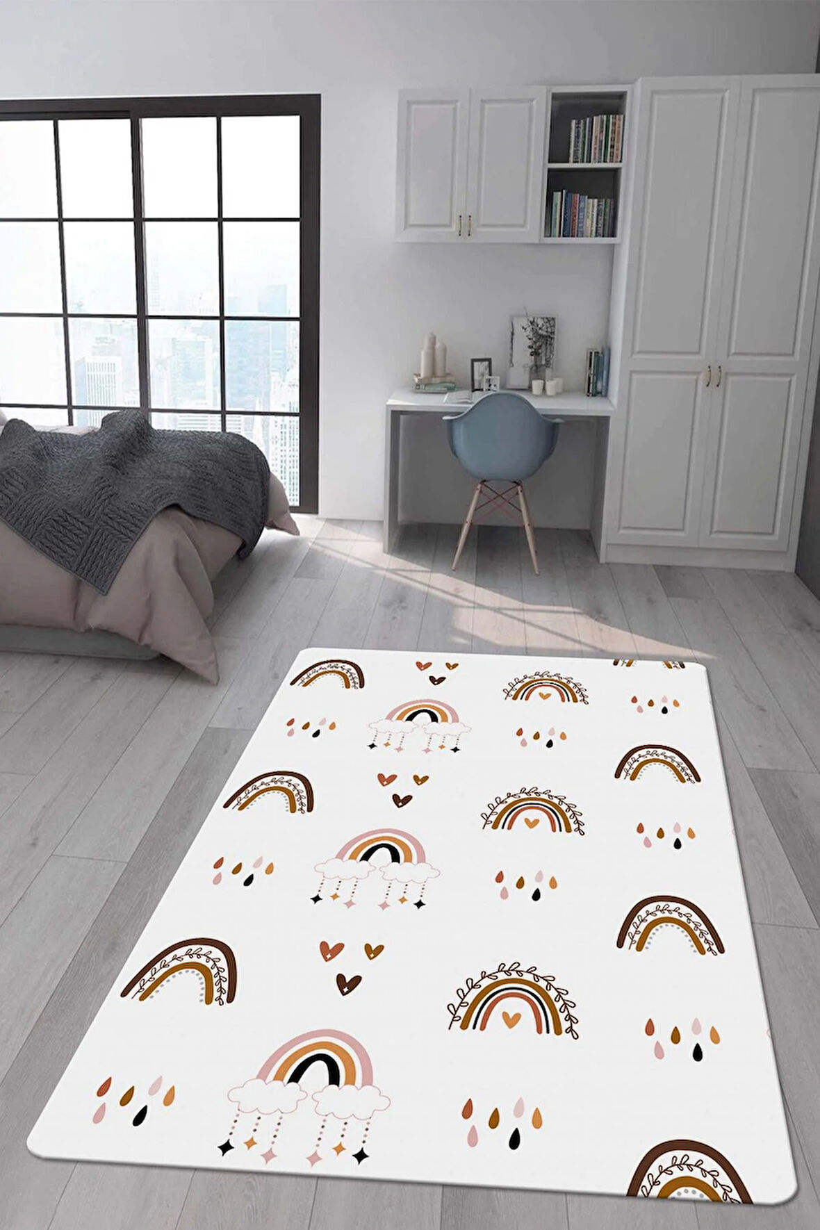 Kaymaz Taban Makinede Yıkanabilir Dijital Baskı Gökkuşağı Desenli Çocuk Odası Halısı Dot Taban Halı