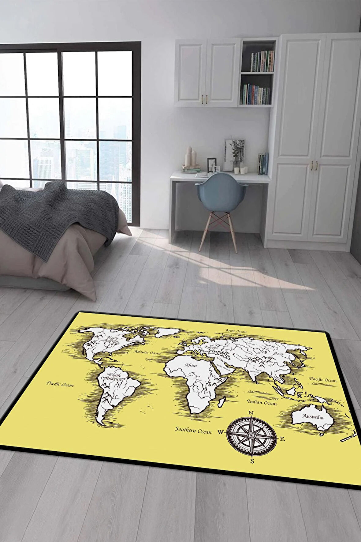 Kaymaz Taban Makinede Yıkanabilir Dijital Baskı Dünya Haritası Desenli Çocuk Odası Halısı Dot Taban Halı
