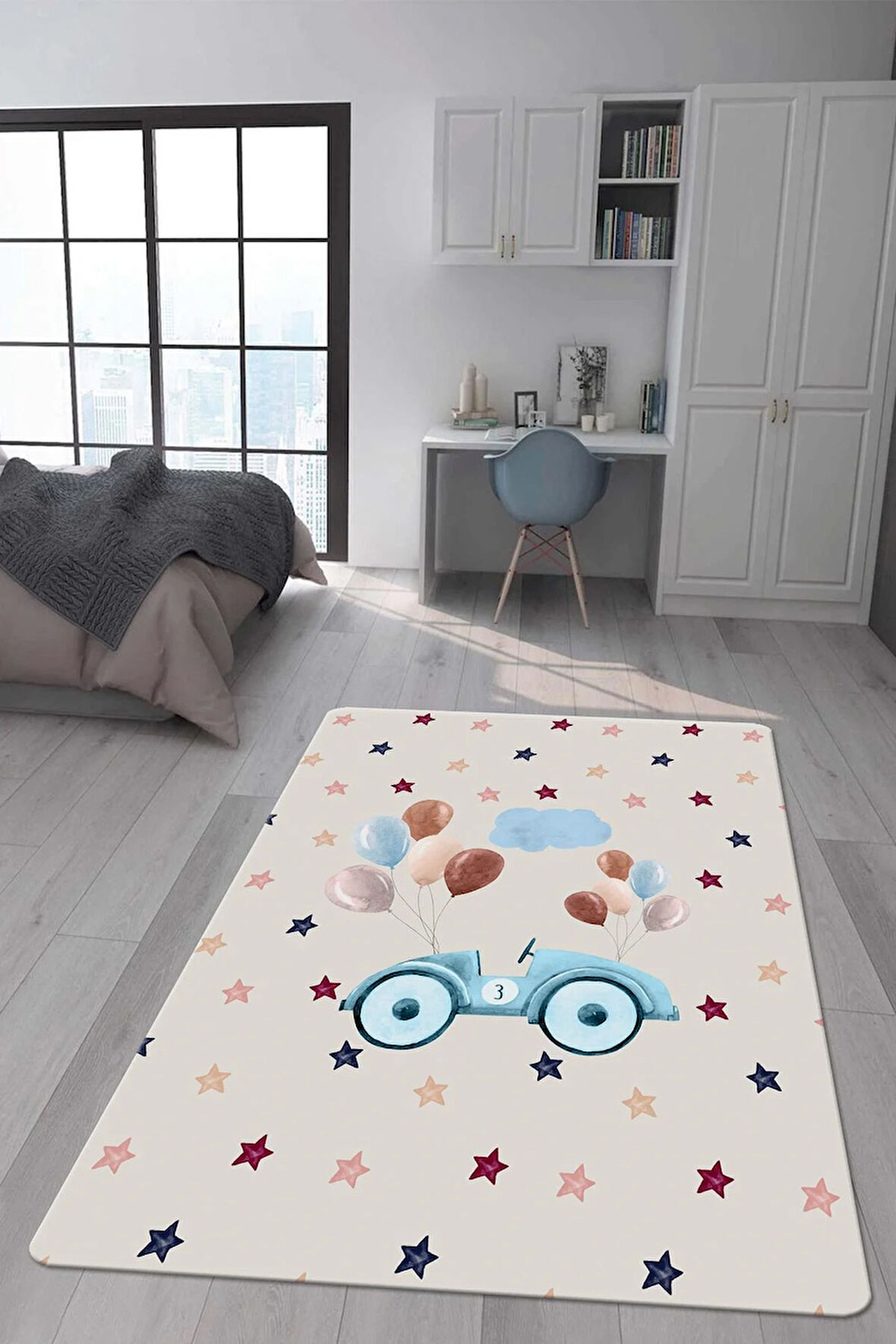 Kaymaz Taban Makinede Yıkanabilir Dijital Baskı Araba Desenli Çocuk Odası Halısı Dot Taban Halı
