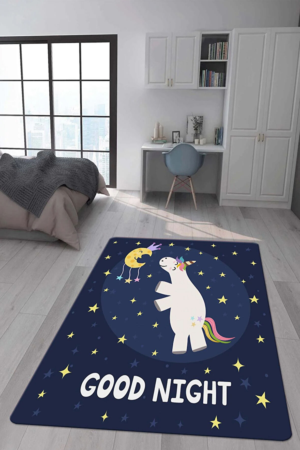 Kaymaz Taban Makinede Yıkanabilir Dijital Baskı Unicorn Desenli Çocuk Odası Halısı Dot Taban Halı