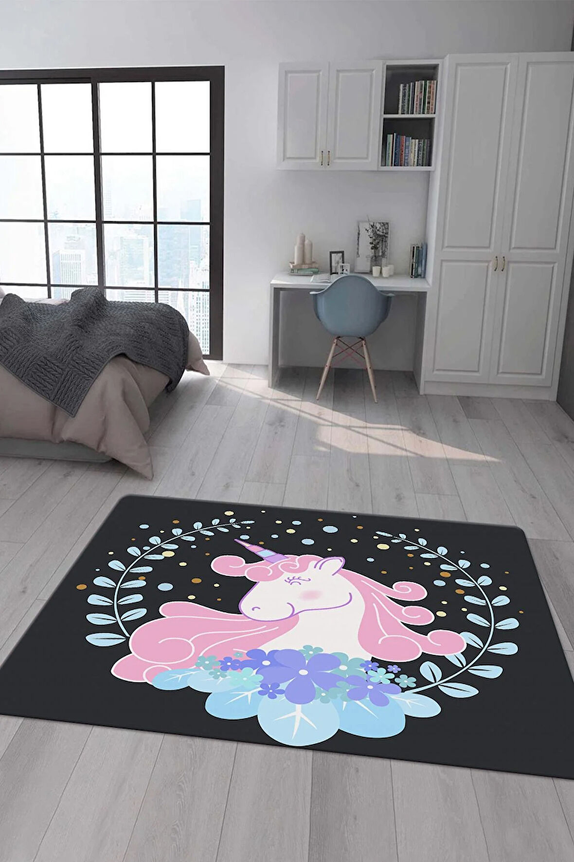 Kaymaz Taban Makinede Yıkanabilir Dijital Baskı Unicorn Desenli Çocuk Odası Halısı Dot Taban Halı