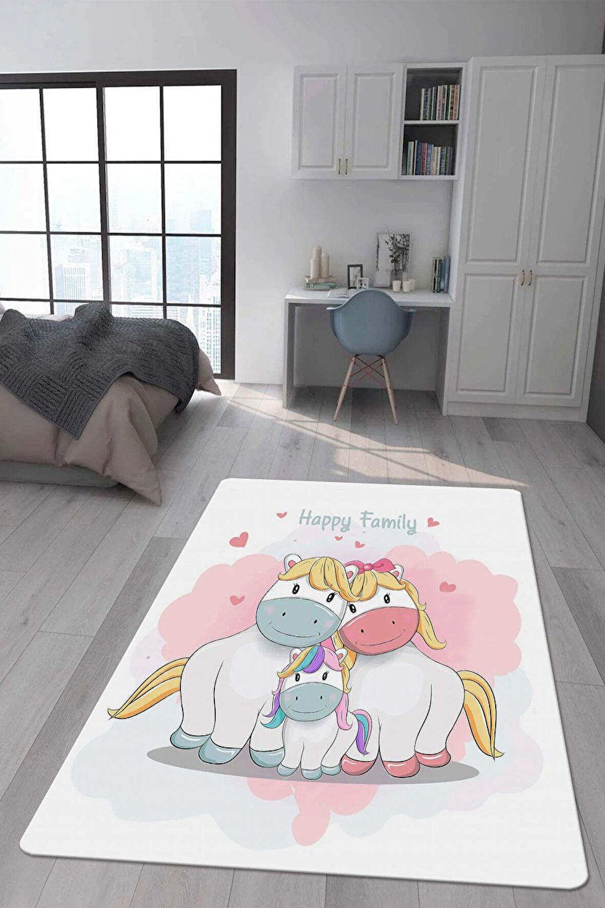 Kaymaz Taban Makinede Yıkanabilir Dijital Baskı Unicorn Aile Desenli Çocuk Odası Halısı Dot Taban Halı