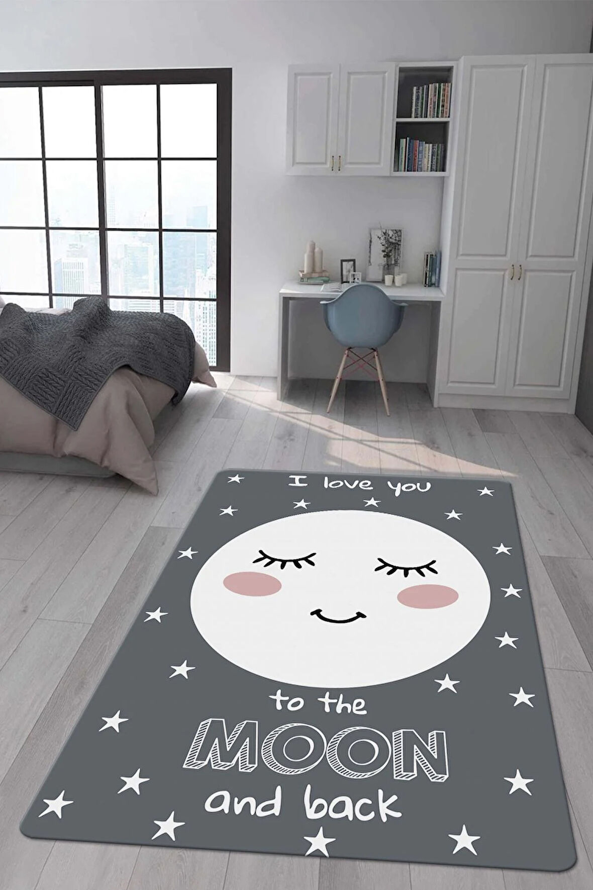 Kaymaz Taban Makinede Yıkanabilir Dijital Baskı Ay Desenli Çocuk Odası Halısı Dot Taban Halı