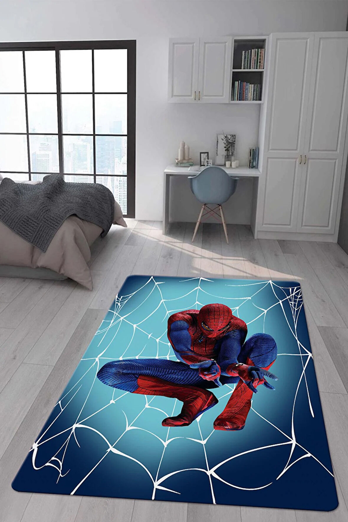 Kaymaz Taban Makinada Yıkanabilir Dijital Baskı Spiderman Desenli Çocuk Odası Halısı Dot Taban Halı