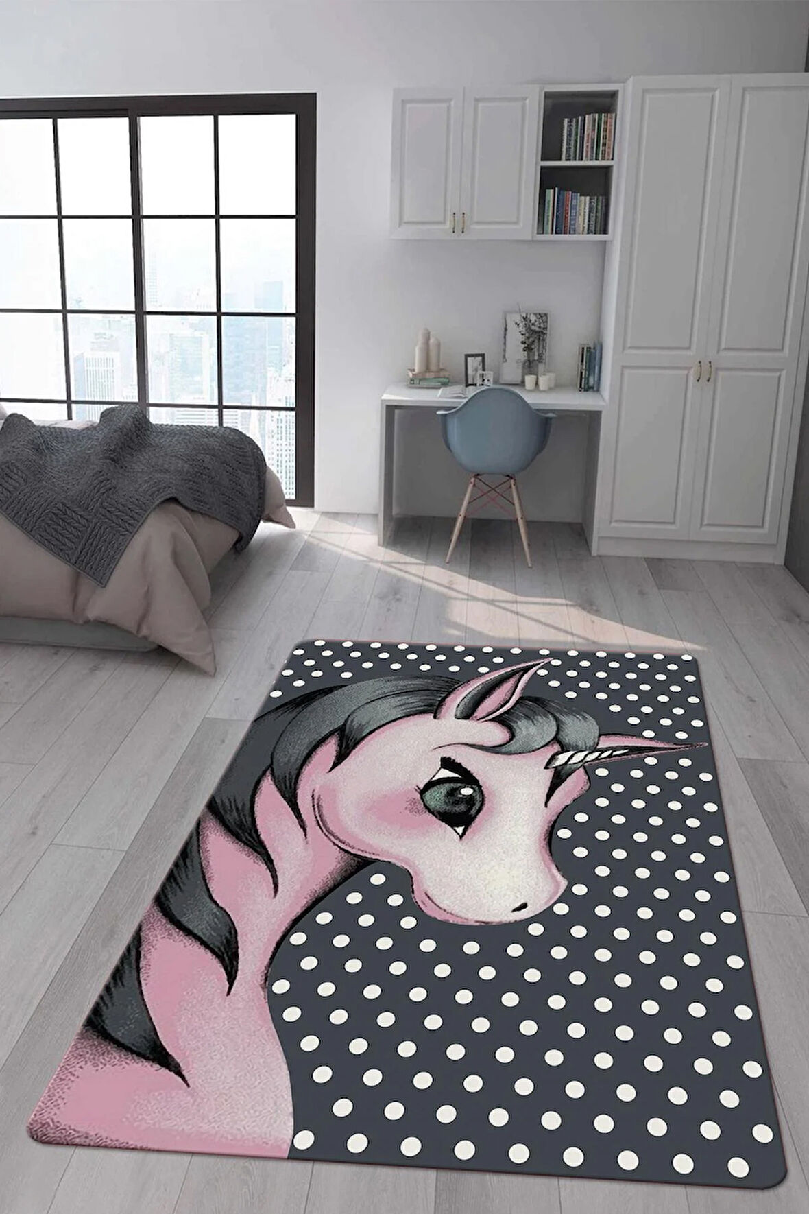 Kaymaz Taban Makinede Yıkanabilir Dijital Baskı Pembe Unicorn Desenli Çocuk Odası Halısı Dot Taban Halı