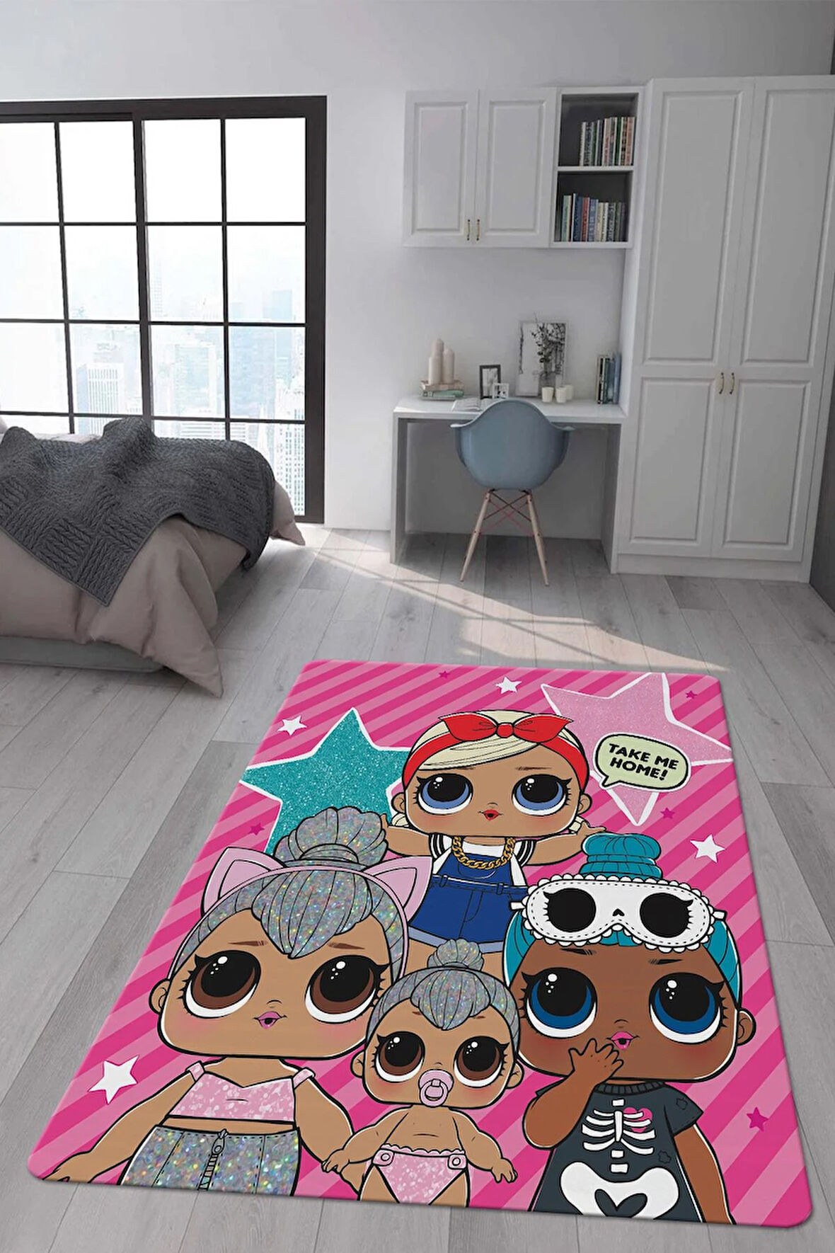 Kaymaz Taban Makinede Yıkanabilir Dijital Baskı Lol Bebekler Desenli Çocuk Odası Halısı Dot Taban Halı
