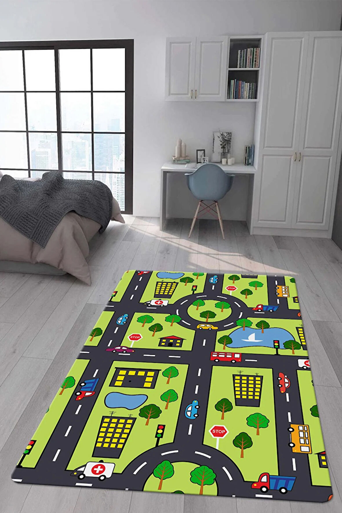 Kaymaz Taban Makinede Yıkanabilir Dijital Baskı Jungle Yol Desenli Çocuk Odası Halısı Dot Taban Halı