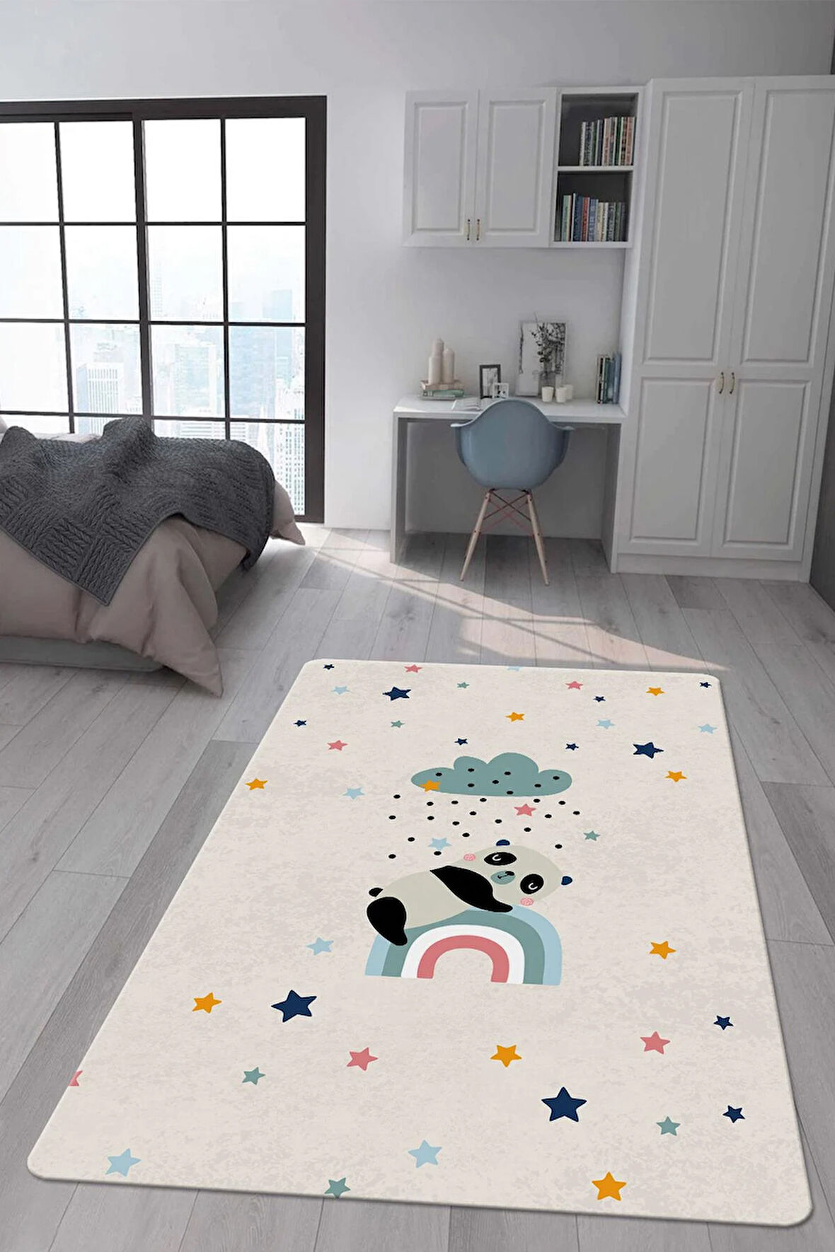 Kaymaz Taban Makinede Yıkanabilir Dijital Baskı Panda Desenli Çocuk Odası Halısı Dot Taban Halı