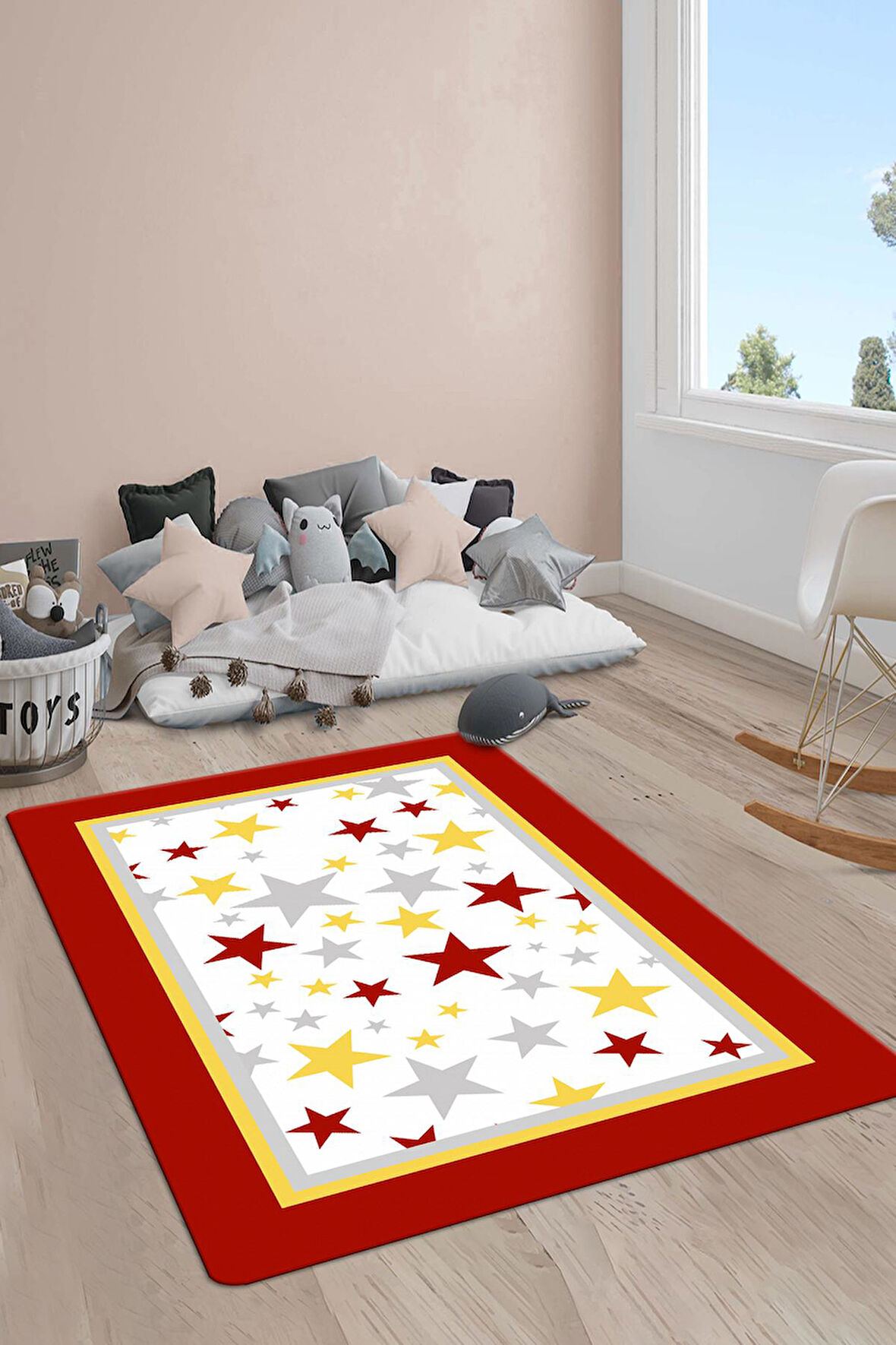 Kaymaz Taban Makinede Yıkanabilir Dijital Baskı Yıldız Desenli Çocuk Odası Halısı Dot Taban Halı 03
